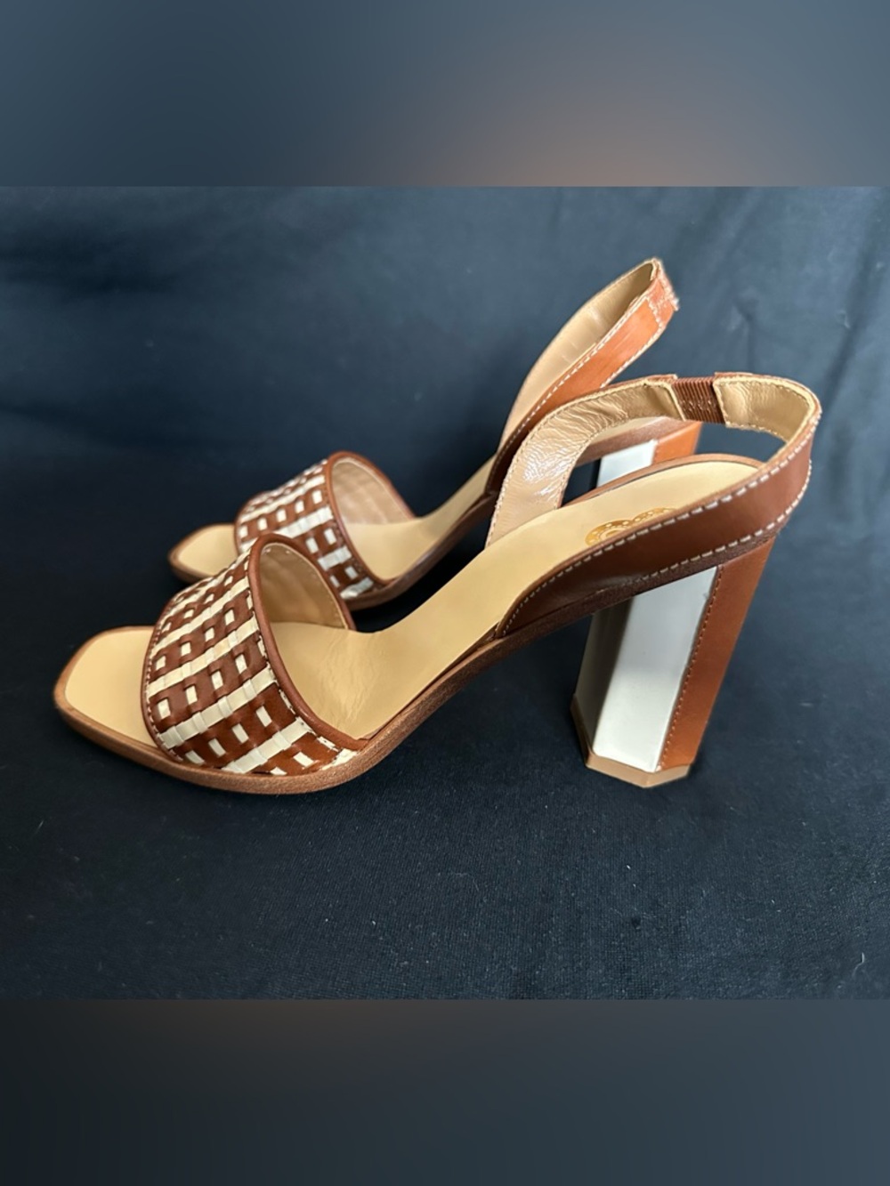 Made in Italy Brown & Cream Woven Slingback Block Heels strap and buckle sandals